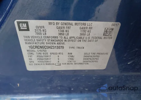 2017 Chevrolet Silverado 1500 Wt из США, поврежденный, VIN 1GCRCNEC5HZ313079